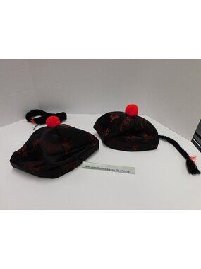 Chinese Style Hats With Red Pom & Braided Black Tassels - 2 Pack MM64